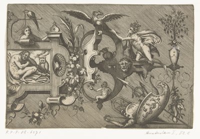 Geceyi tasvir eden büyük bir kartuşun sağ yarısı Compertimenta pictoriis flosculis manubiisque… (dizi adı) by Pieter van der Heyden