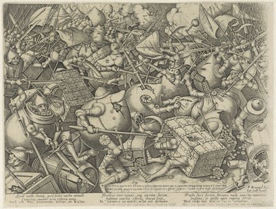 Para çantaları ve para sandıkları arasındaki savaş Divitiae faciunt fures / Les Richesses font des larrons / Ryckdom maeckt thieves (nesne üzerindeki başlık) by Pieter van der Heyden