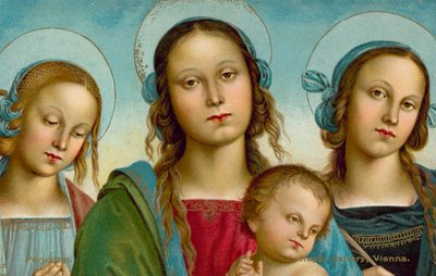 Aziz Rosa ve Catherine arasındaki Bakire ve Çocuk (chromolitho) by Pietro (after) Perugino