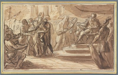 Bir piskopos zincirlenir ve bir Roma imparatorunun önüne getirilir by Pietro Bianchi