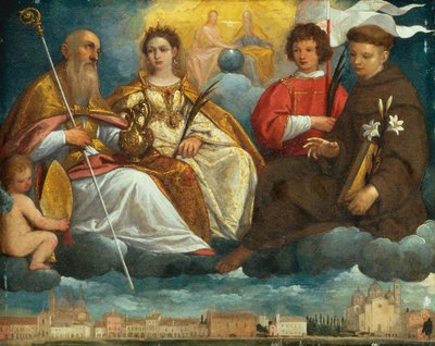 Prato Della Valle, Padua (bakır üzerine yağ) manzaralı Aziz Prosdocimus, Justina, Daniel ve Padua Antony Glory by Pietro Damini