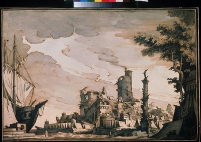 ""Liman Manzarası"" Tiyatro Dekoru. Suluboya Pietro di Gottardo Gonzaga (1751-1831) 1818. Kağıt üzerine suluboya ve mürekkep. Moskova, Puşkin Müzesi by Pietro Gonzaga