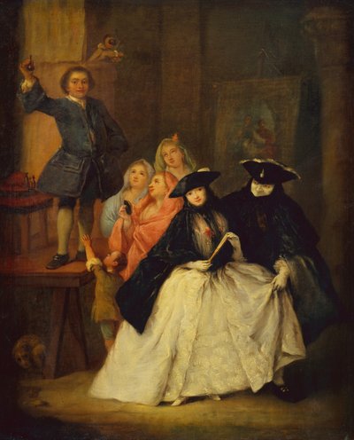 Ön planda Masqued Figürler olan bir platformda bir Şarlatan (tuval üzerine yağlı boya) by Pietro Longhi