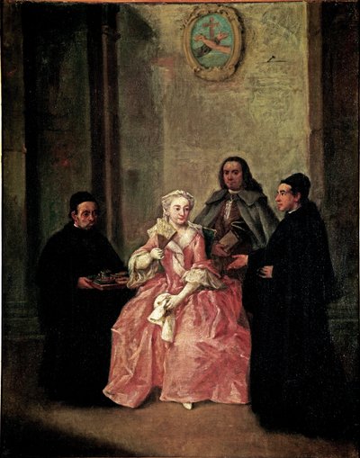 Bir keşiş, Venedik bisküvili bir çifte sıcak çikolata sunar - Tablo Pietro Longhi (1702-1785) 1774 Dim 61x50 cm Venedik, Ca 'Rezzonico, env 2251 by Pietro Longhi