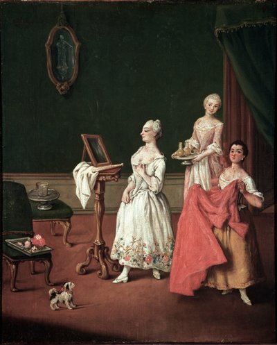 La toilette (Giyinme seansı) Venedikli aristokrat aynasının önünde iki hizmetçiyi yakalıyor - Resim Pietro Longhi (1701-1785) 1760 Dim 61x50 cm Venedik, Ca 