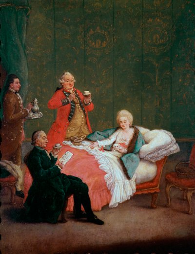 Sabah, soyluların çikolatalı genç kadını, yatağında üç adam tarafından servis ediliyor. Pietro Longhi (1702-1785) 1775-1780 tarafından boyama. karartmak 60x47 cm Ca 