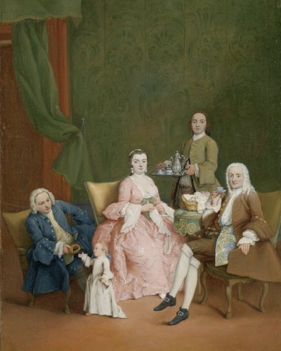 Kahve Sunan Uşaklı Venedikli Bir Ailenin Portresi Kahve servisi yapan bir hizmetçisi olan Venedikli bir ailenin portresi by Pietro Longhi