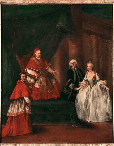 Papa Clement XIII (1693-1769), yeğeni Ludovico Rezzonico ve karısı Faustina Savorgnan ile temsili (Papa Clement XIII, yeğeni Ludovico Rezzonico ve karısı Faustina Savorgnan ile birlikte) Tablo Pietro Longhi (1702-1785) tarafından yapılan Dim 52x50 by Pietro Longhi