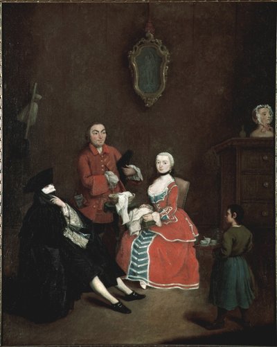 Venedik kostümünün Bauta (bautta) karakteri vetu ziyaret maskesi siyah pelerin, siyah üç boynuzlu şapka ve beyaz maskeden oluşur - (Bauta maskesinde ziyaret) Pietro Longhi (1702-1785) tarafından yapılan resim 1760 yaklaşık 62x50 cm Venedik, Ca 