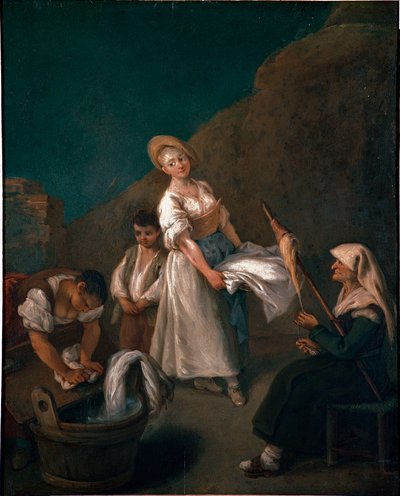 Çöp kovalarında çamaşır yıkayan genç kadınlar, yünlerin sağ tarafında yaşlı bir kadın. Pietro Longhi (1702-1785) 1740 tarafından boyama yakl. Güneş. 61x50 cm Venedik, Ca 