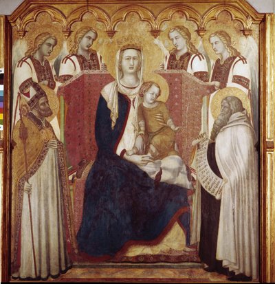 Aziz Nicholas ve Aziz Elijah arasındaki Bakire ve Çocuk. Orta panel, Carmel Altarpiece (Ahşap üzerine Tempera by Pietro Lorenzetti