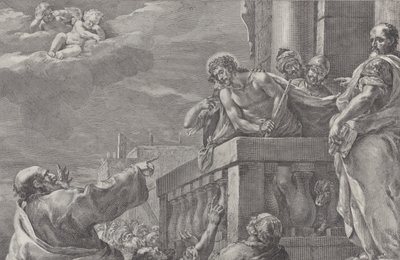 İsa, muhafızlarla çevrili bir balkonda, Pilatus sağda duruyor ve sağa doğru hareket ediyor..., yakl. 1730-39. by Pietro Monaco