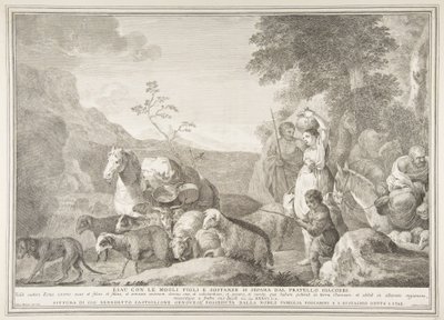 Esav ve ailesi, Jacob Esau ile eşleri, oğulları ve maddeleri ayrı ayrı yollarını ayırıyor ..., 1743-63. by Pietro Monaco