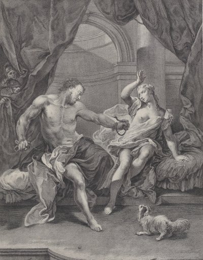 Samson ve Delilah bir yatakta oturuyorlar, Samson elini bağlayan ipleri koparıyor..., yakl. 1730-39. by Pietro Monaco