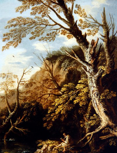 Bir Münzevi ile Ormanlık Bir Manzara (tuval üzerine yağlı boya) by Pietro Montanini