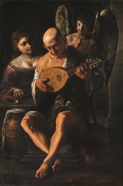 Yaşlı bir adam, yanında bir kadın ve bir putto ile gitar çalıyor (tuval üzerine yağlıboya) by Pietro Paolini