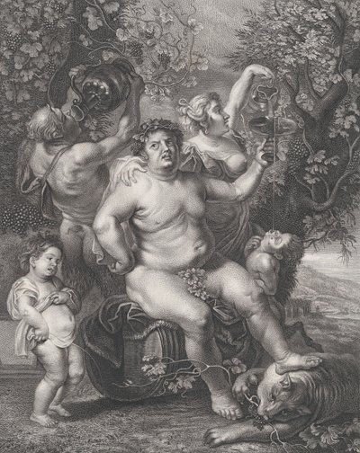 Asmaların önünde bir fıçıya oturmuş Bacchus, bacchantes, satirs ve çocuklarla..., 1758. by Pietro Peiroleri