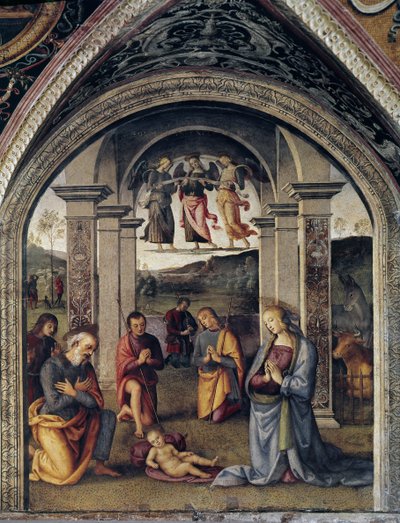 La nativite (Doğuş) Fresk, Pietro Vannucci dit il Perugino (Perugin) (1448-1523) 1498 Dim 264x225 cm Perugia Collegio del Cambio by Pietro Perugino