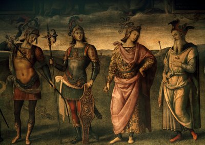 Leonidas Lacedaemonian, Horatius Cocles, Publius Scipio, Atina Perikles, Altı Antik Kahraman ile Cesaret ve Temperance Alegorileri by Pietro Perugino