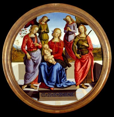 Bakire ve çocuk, Saint Rose ve Saint Catherine adlı iki melekle çevrilidir. Pietro Vannucci dit il Perugino tarafından tablo (Perugin by Pietro Perugino