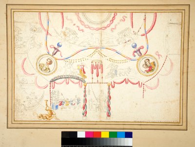 Orta daire içinde karı koca (büstler) içeren bir tavan tasarımı (siyah tebeşir, bazıları kalem ve kahverengi mürekkeple. suluboya ile renklendirilmiş) by Pietro Santi Bartoli