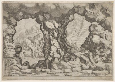 Merkezde bir kayayı kaldıran bir dev, diğer devler sola ve sağa mücadele ediyor ve geri dönüyor..., ca. 1680. by Pietro Santi Bartoli