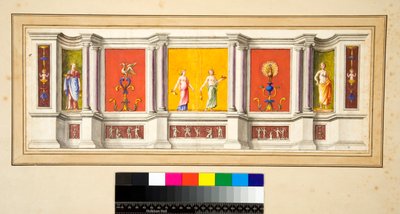 Altında dar bir friz bulunan yedi panelli uzun bir duvar (siyah tebeşir, bazıları kalem ve kahverengi mürekkeple. sulu boya ile renklendirilmiş) by Pietro Santi Bartoli