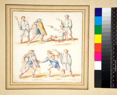 Secutor ve retiariu arasındaki bir Kavga mozaiğinin kopyası (siyah tebeşir, bazıları kalem ve kahverengi mürekkeple. suluboya ile renklendirilmiş) by Pietro Santi Bartoli