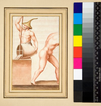 Vazodan dökülen sivri uçlu bir adamın mozaiğinin kopyası. (siyah tebeşir, bazıları tükenmez kalem ve kahverengi mürekkeple. sulu boya ile renklendirilmiş) by Pietro Santi Bartoli