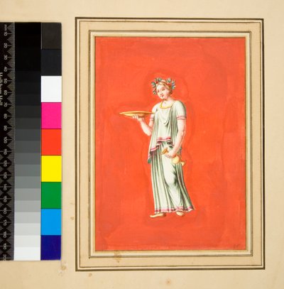 Kaide üzerinde patera ve amforalı kadın figürü. (siyah tebeşir, bazıları tükenmez kalem ve kahverengi mürekkeple. sulu boya ile renklendirilmiş) by Pietro Santi Bartoli