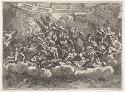 Bulutlar arasında çeşitli Olimpos tanrılarının ve mitolojik figürlerin bir araya gelmesi, Apollon at ce..., ca. 1680. by Pietro Santi Bartoli