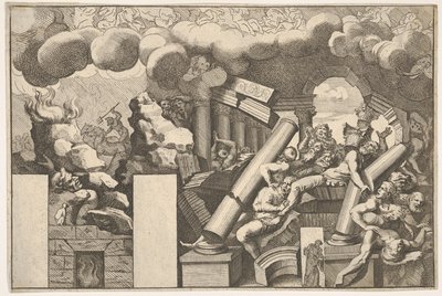 Kayalar tarafından ezilen devler ve tapınağın düşen sütunları, yukarıdaki duman bulutları..., yaklaşık. 1680. by Pietro Santi Bartoli