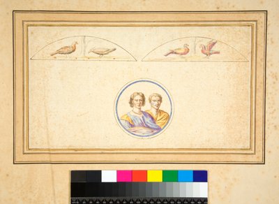 Orta daire içinde karı koca (büstler) (siyah tebeşir, bazıları tükenmez kalem ve kahverengi mürekkeple. suluboya ile renklendirilmiş) by Pietro Santi Bartoli