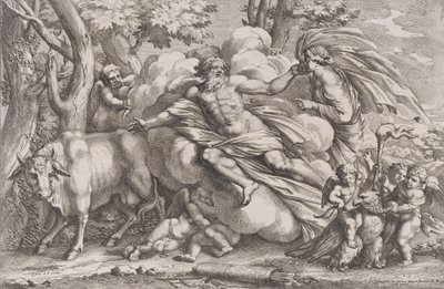 Solda bir inek olarak Io, merkezde bir bulutun üzerinde Jüpiter ve sağda pu ile Juno..., 1650-90. by Pietro Santi Bartoli