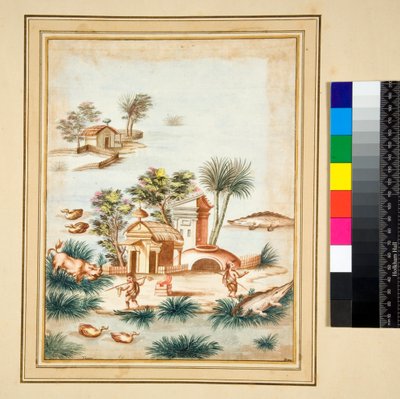 Bir adada iki pigme ile nehir manzarası (siyah tebeşir, bazıları kalem ve kahverengi mürekkeple. sulu boya ile renklendirilmiş) by Pietro Santi Bartoli