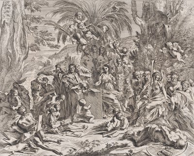 Ortada solda bir çocukken bir tablet üzerine çizim yapan bir resim alegorisi, surrounde..., 1637-38. by Pietro Testa