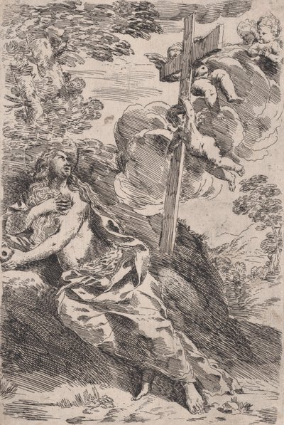 Çölde Mary Magdalene, sağda melekler tarafından taşınan bir haç, yaklaşık. 1630. by Pietro Testa