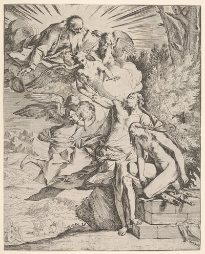 İshak'ın Kurban Edilmesi: Bir melek İbrahim'in hançer taşıyan koluna bastırır, ki ..., yaklaşık 1645-50. by Pietro Testa
