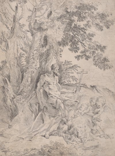 Aziz Jerome, bir aslan ve üç putti eşliğinde bir haç önünde, ca. 1631-37. by Pietro Testa