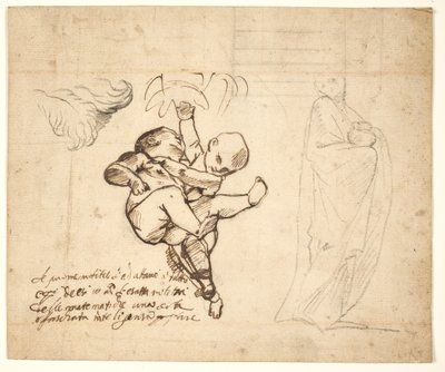 İki oyun putti, yapraklar ve vazolu dökümlü bir figür için çalışma by Pietro Testa