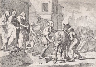 Bir ata binmek üzere gösterilen müsrif oğlun, dört kişilik bir diziden ayrılışı..., yaklaşık. 1645. by Pietro Testa