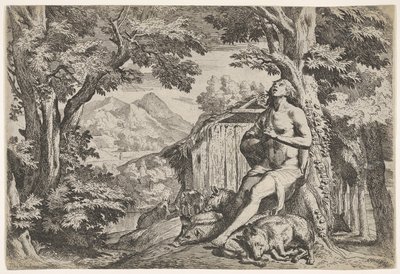 Domuzların arasında bir ağacın dibine oturmuş müsrif oğul, bakışları yukarıya çevrilmişti..., yakl. 1640-50. by Pietro Testa