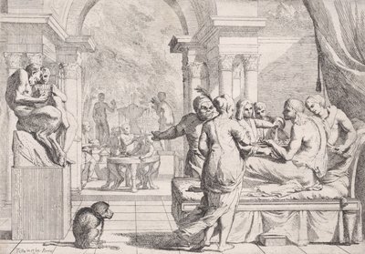 Kanepede oturan müsrif oğul şarap servisi yapılıyor, arka planda eğlence düşkünleri, bir ay..., ca. 1645. by Pietro Testa
