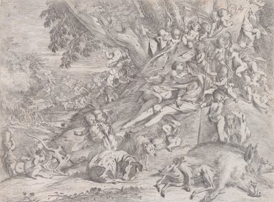 Birçok putti ile çevrili Venüs ve Adonis, avdan sonra ölü bir yaban domuzu ile uzanıyor ..., 1631-37. by Pietro Testa