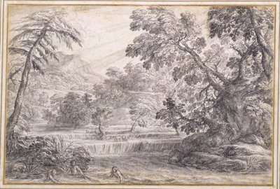 A Wooded River Landscape, c.1650 (siyah tebeşir, fırça ve kağıt üzerinde gri yıkamalı gri mürekkep) by Pietro da Cortona