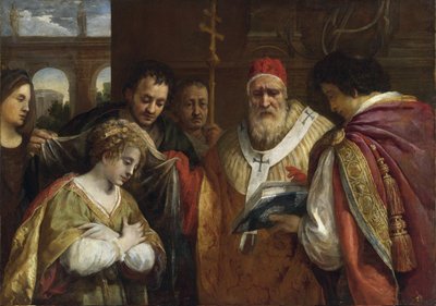 Flavia Domitilla veya Aziz Domitilla (95'ten sonra öldü) Papa I. Clement'ten (Roma'nın Aziz Clement'i, 99 civarında öldü) peçe aldı - Aziz Domitilla, Papa Clement I'den peçe aldı - Cortona, Pietro da (1596-1669) - Yağlı boya tuval - 123 by Pietro da Cortona