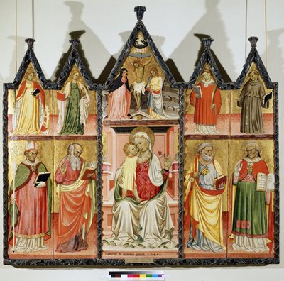 Azizler ile Bakire ve Çocuk Poliptik. Sol üst: İskenderiyeli Azize Katerina ve Mecdelli Meryem. Çarmıhta İsa'nın etrafındaki merkezde ""INRI"" (INRI) yazıtıyla. Meryem Ana ve Aziz John. Sağ üst: S by Pietro di Giovanni Lianori