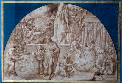 Astronomi alegorisi. Bilim adamları Dünya küreleri üzerinde ölçüm yapıyorlar. Pirro Ligorio (1500-1583 dolaylarında) tarafından kahverengi mürekkeple çizim 16. yüzyıl Paris, Louvre Müzesi by Pirro Ligorio