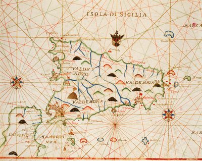 Placido Caloiro ve Francesco Oliva'nın yazdığı altı haritadan oluşan portolan atlasından Sicilya, Parchment. 1646. by Placido Caloiro e Oliva