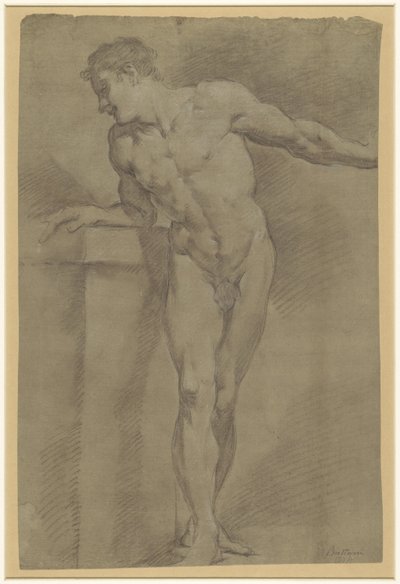 Bir korkuluğa yaslanmış ayakta duran bir erkek modelin incelenmesi by Pompeo Batoni